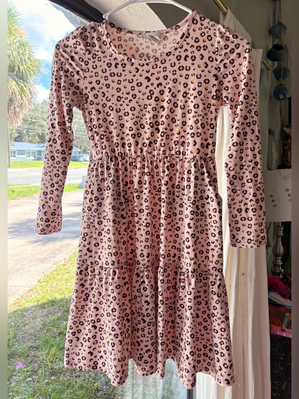 Emma & Elsa Girls Pink Leopard Print Tiered Long Sleeve Dress w/ Pockets Size 12